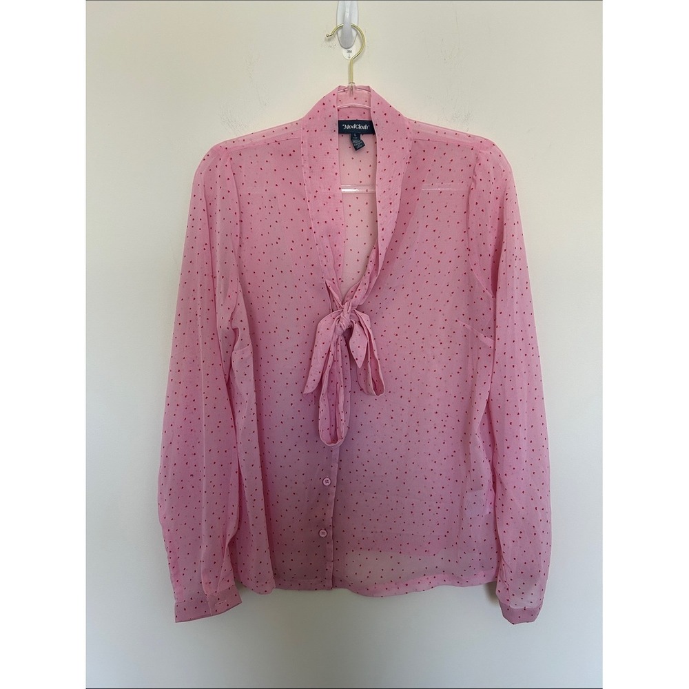 ModCloth Belle of the Bow Blouse Pink Large Heart Print Sheer Tie Neck M46401013